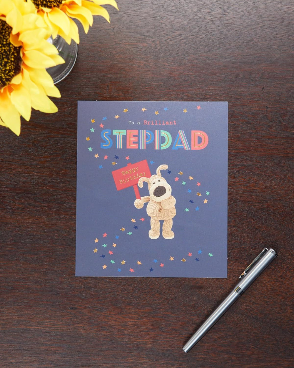 UK Greetings integrated birthday greeting card for stepdad, featuring cheerful design and personalized message for his 55th birthday.