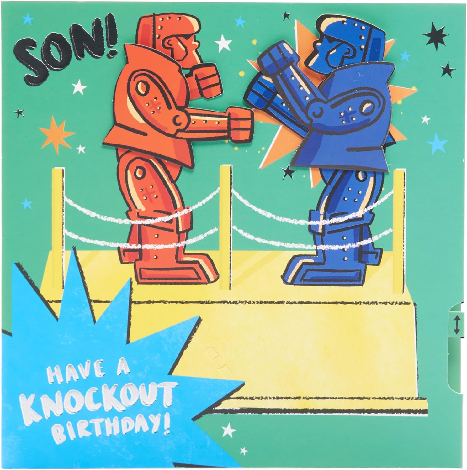 UK Greetings interactive Rock 'Em Sock 'Em design Son birthday card showing colorful boxing game illustration for children.