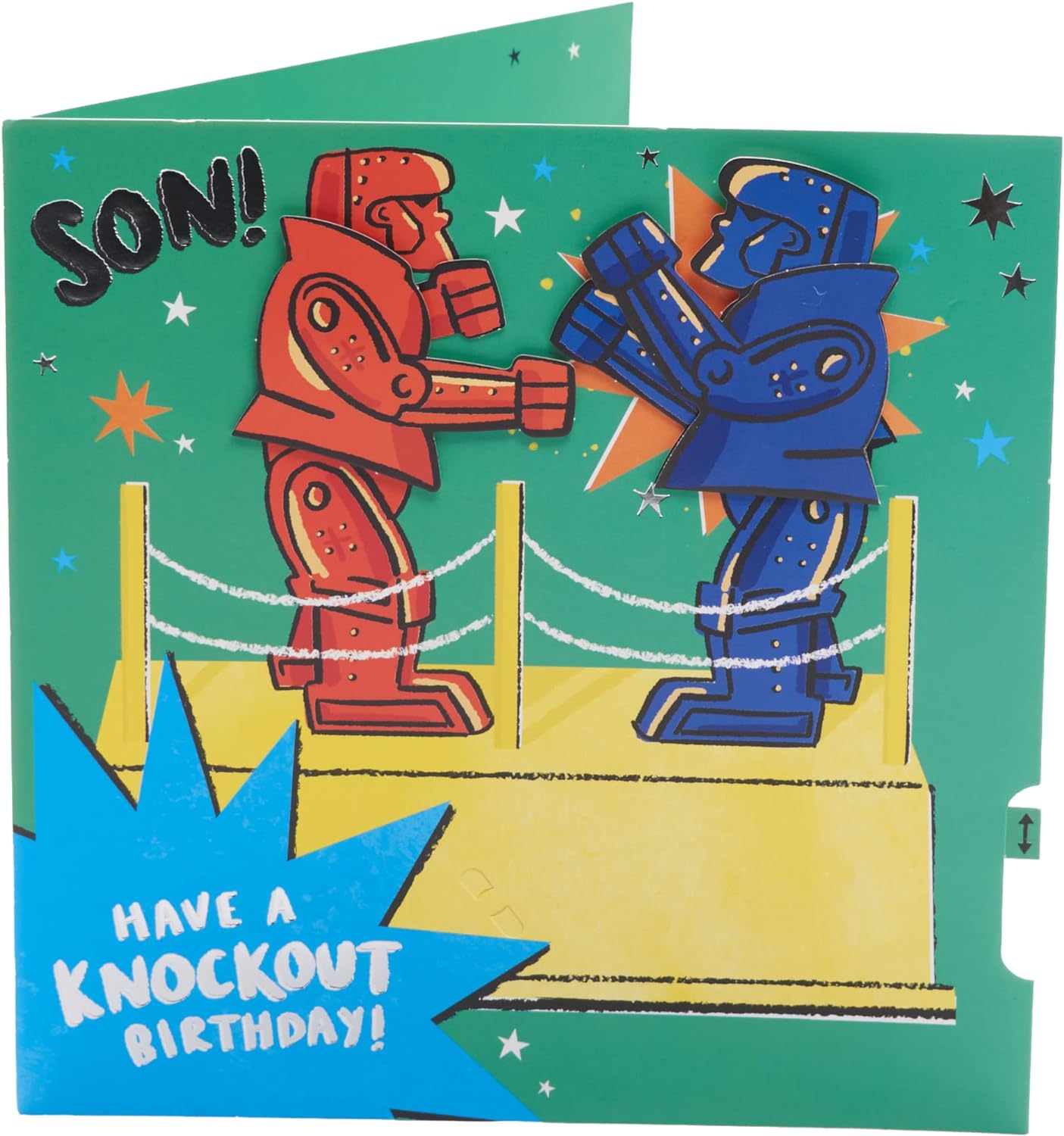 UK Greetings interactive Rock 'Em Sock 'Em design birthday card featuring a fun, animated boxing game scene for sons.