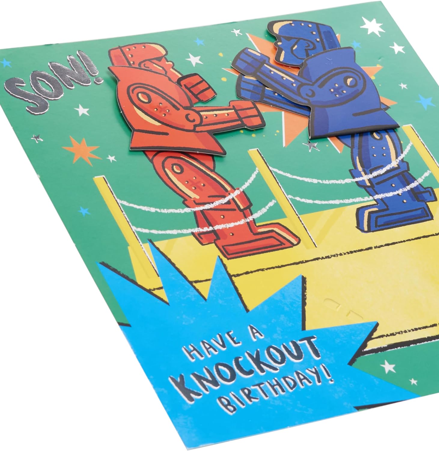 UK Greetings interactive Rock 'Em Sock 'Em design son birthday card featuring colorful, fun illustrations for kids' celebration.