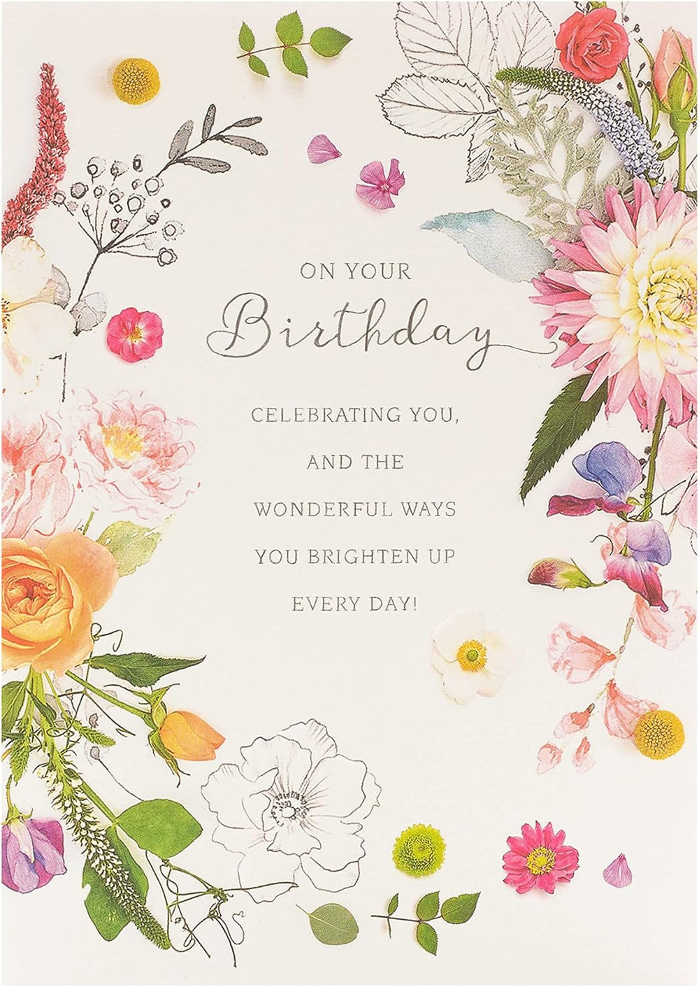 UK Greetings Into the Meadow greeting card featuring a cute floral design with colorful flowers and greenery.