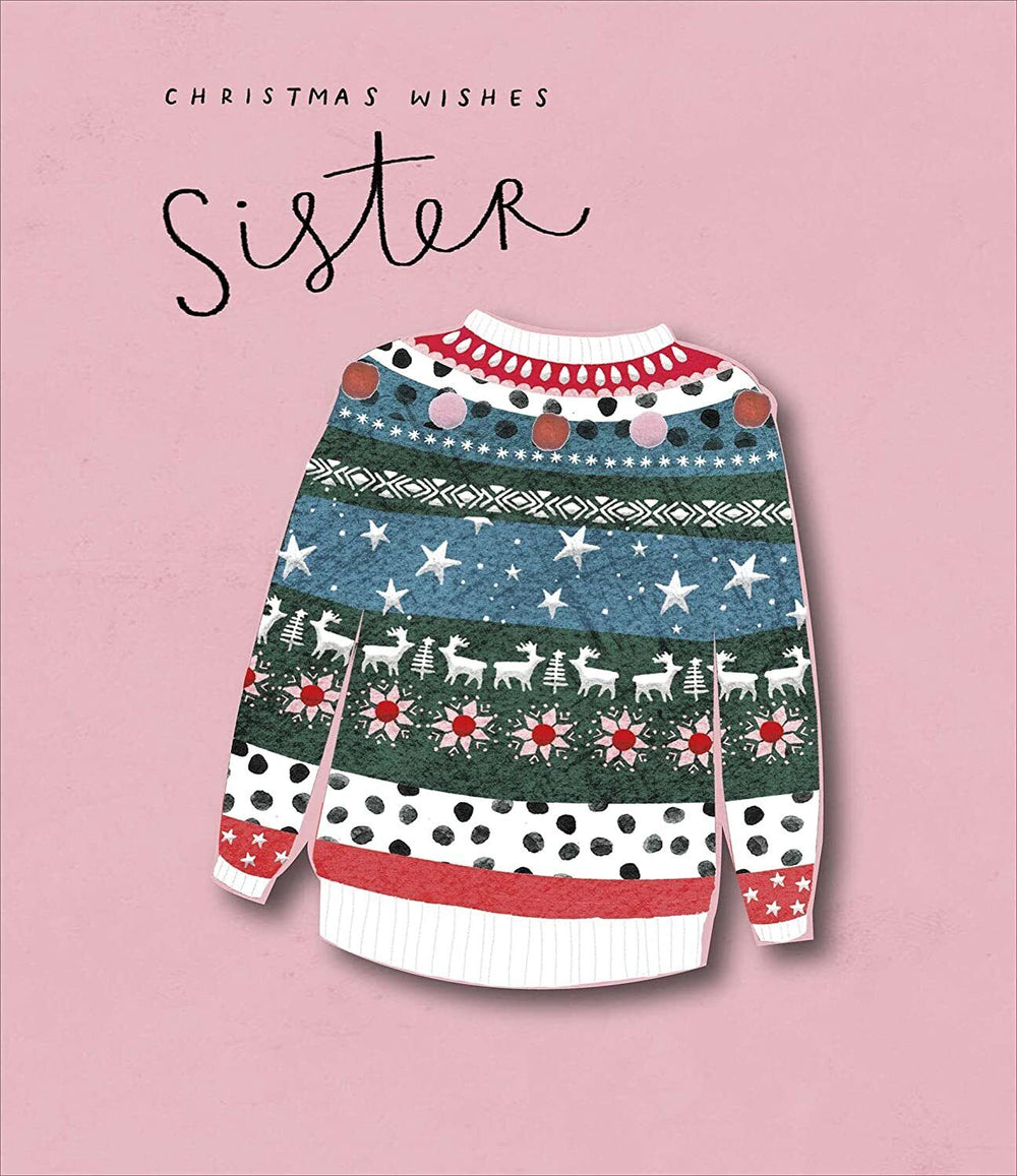 UK Greetings jumper design Christmas card featuring festive graphics for a special sister, perfect for holiday greetings.