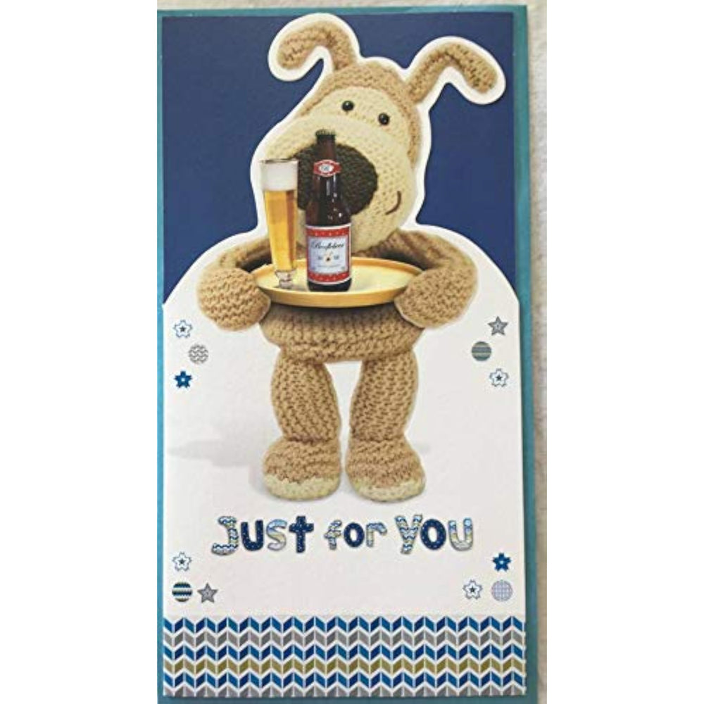 Open UK Greetings Just for You Boofle Happy Father's Day greeting card showing colorful design and cheerful message inside.