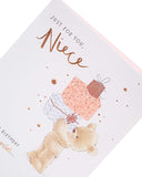 UK Greetings Just for You Niece birthday card featuring a cute nutmeg-themed design with colorful illustrations.