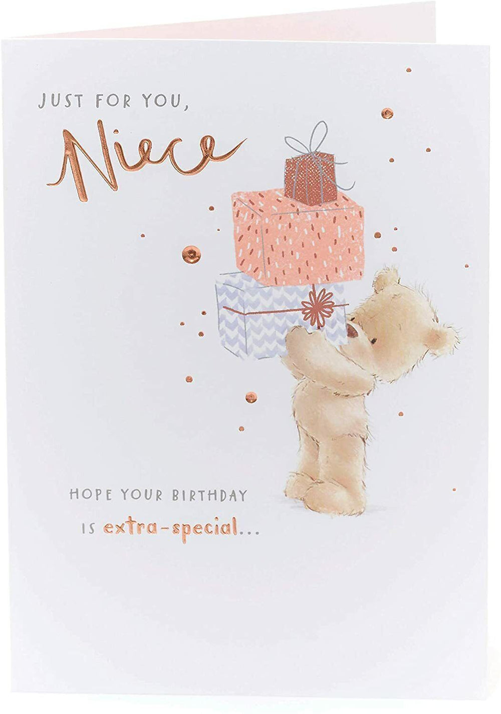 UK Greetings Just for You Niece Nutmeg birthday card featuring a cute, colorful design with cheerful illustrations.