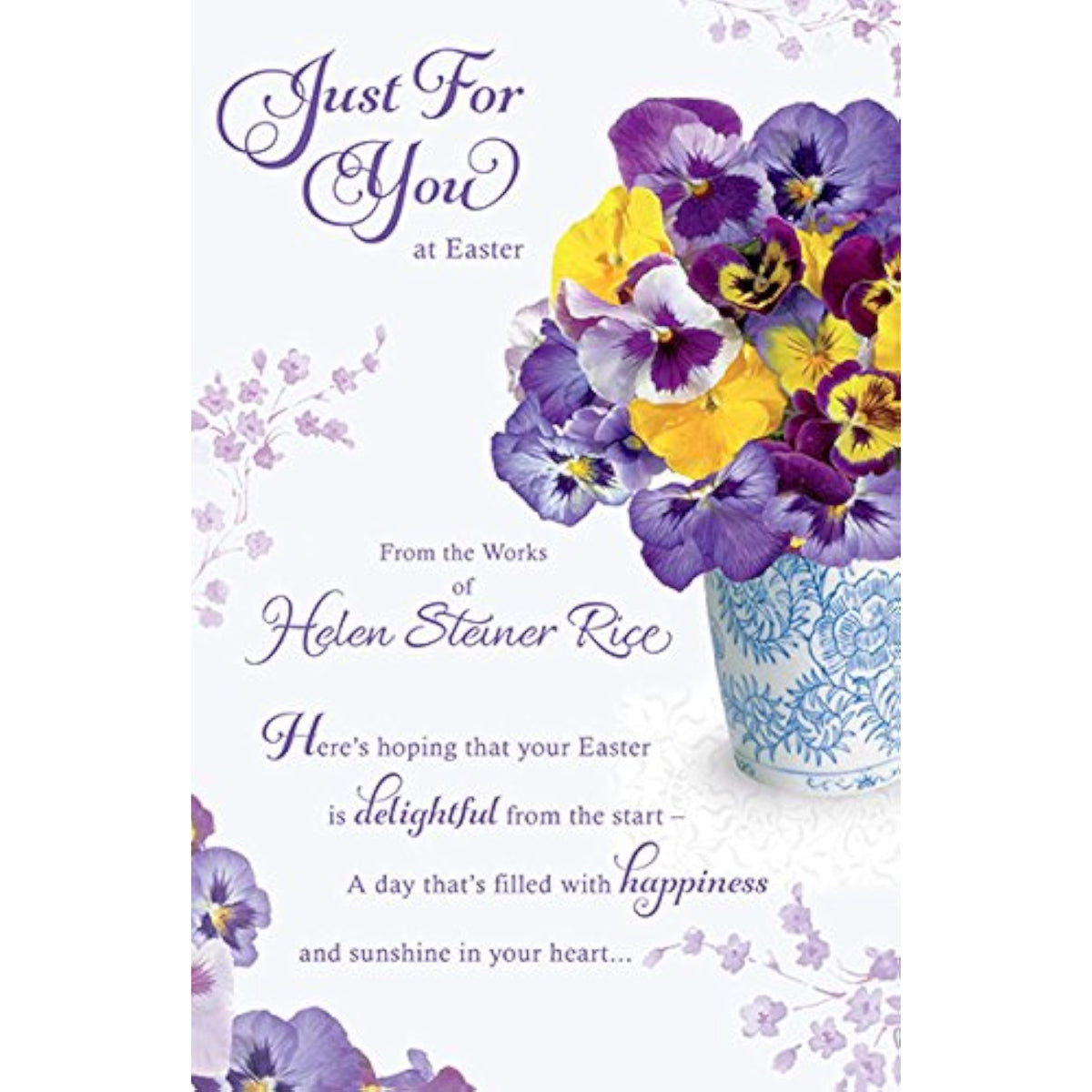UK Greetings Just for You purple flower Easter card featuring a colorful floral design and festive greeting on the front.