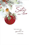 UK Greetings Christmas greeting card featuring a robin on a bauble design for sister-in-law in a festive holiday scene.