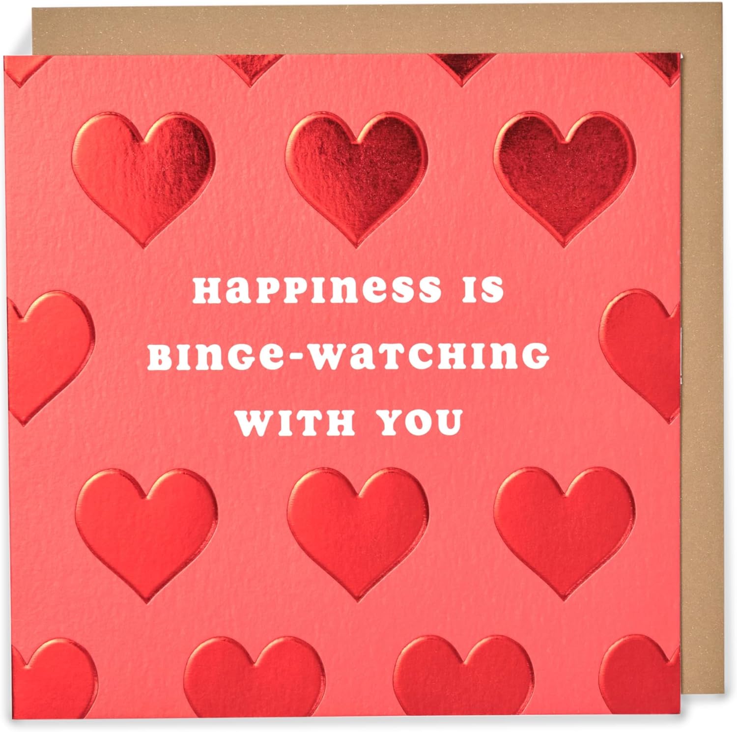 UK Greetings Kindred Valentine’s Day card featuring a cheerful design with "Happiness Is Binge-Watching with You" message for loved ones.