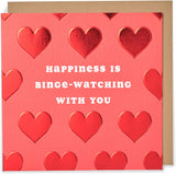 UK Greetings Kindred Valentine’s Day card featuring a cheerful design with "Happiness Is Binge-Watching with You" message for loved ones.