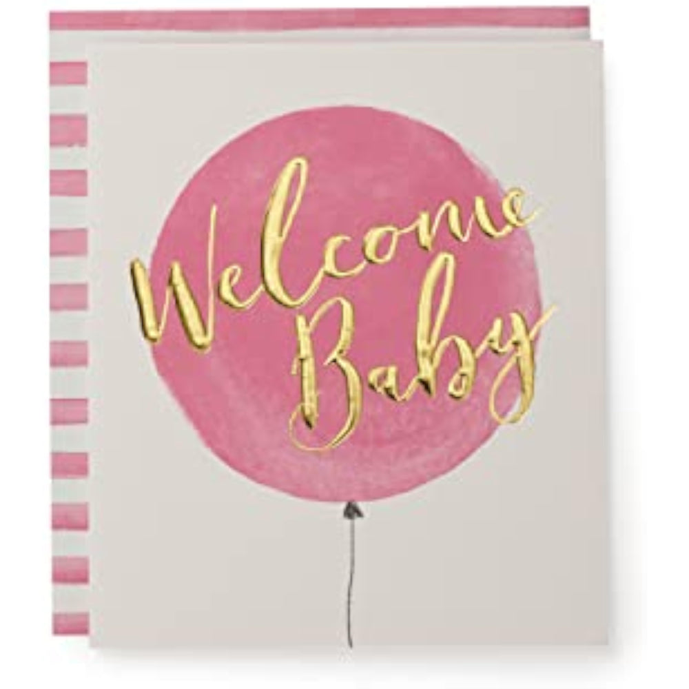 UK Greetings Kindred welcome balloon baby girl greeting card with white and pink design, featuring cheerful balloon illustrations.