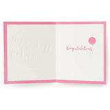 UK Greetings Kindred welcome balloon baby girl card with white and pink design, celebrating new arrival in a cheerful greeting card.