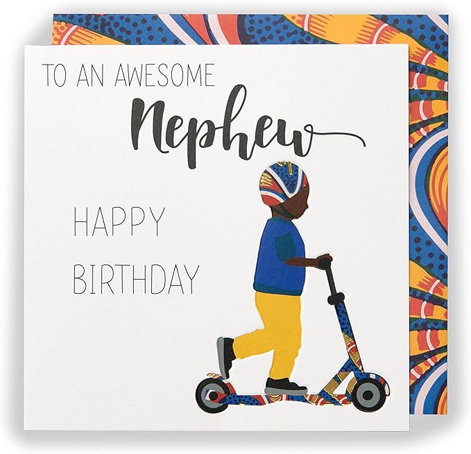 UK Greetings Kindred X Afrotouch birthday card for nephew, featuring colorful artwork and heartfelt message for special occasions.