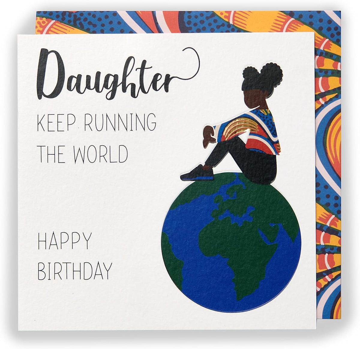 UK Greetings Daughter Running the World birthday card from Kindred X Afrotouch collection, featuring vibrant artwork and heartfelt message.