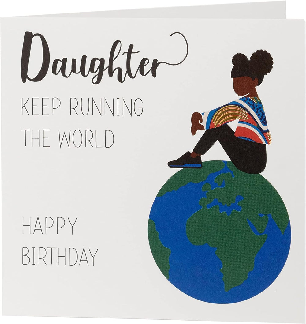 UK Greetings Kindred X Afrotouch daughter running the world birthday card, featuring colorful illustration and heartfelt message.