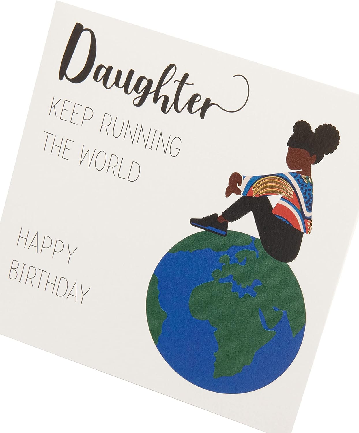 UK Greetings Kindred X Afrotouch Daughter Running the World birthday greeting card showing colorful illustration and heartfelt message.