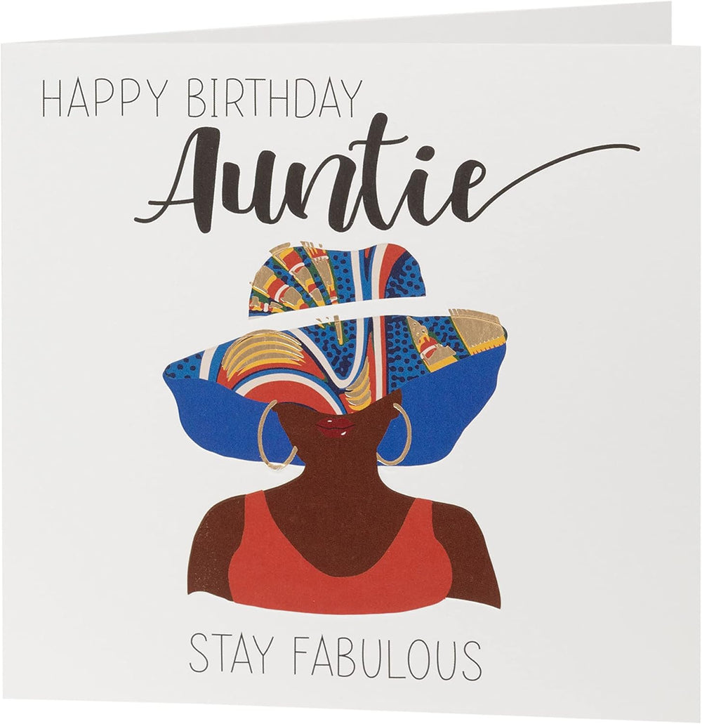 UK Greetings Kindred X Afrotouch happy birthday auntie card featuring vibrant design and heartfelt message for special occasions.