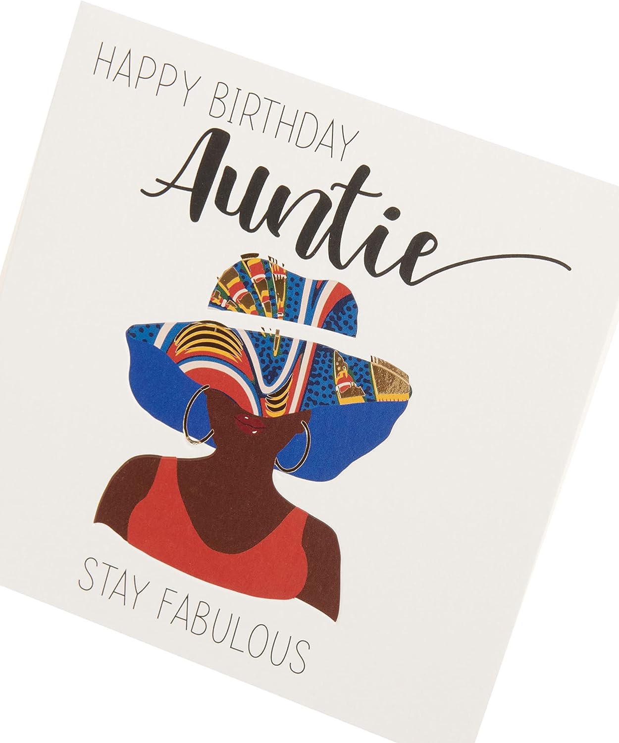 UK Greetings Kindred X Afrotouch Auntie Happy Birthday greeting card showing colorful birthday message and floral design.