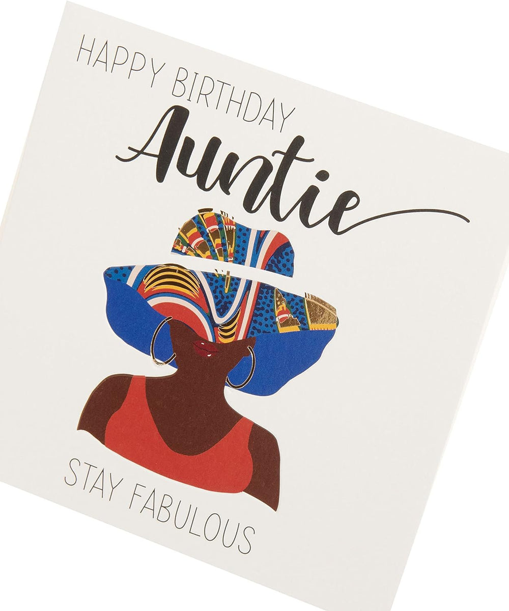 UK Greetings Kindred X Afrotouch Auntie Happy Birthday greeting card showing colorful birthday message and floral design.