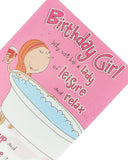UK Greetings Lady of Leisure humorous girl birthday card featuring a cheerful girl with giggles on the front.