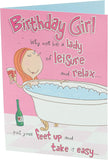 UK Greetings Lady of Leisure humorous girl birthday card featuring a cheerful girl illustration and playful design.