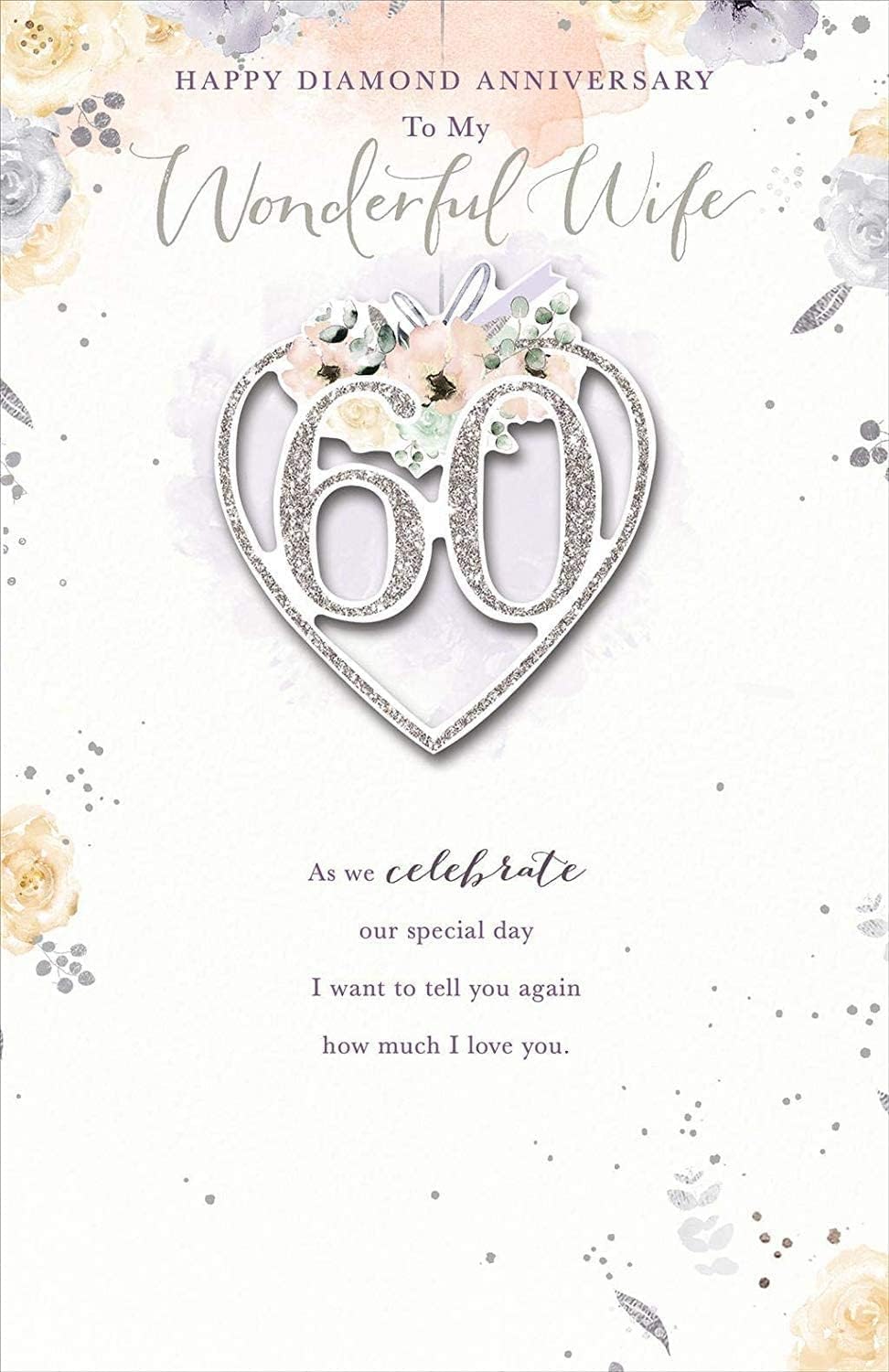 UK Greetings large greeting card celebrating a wife on 60th Diamond Wedding Anniversary with elegant design and gold accents