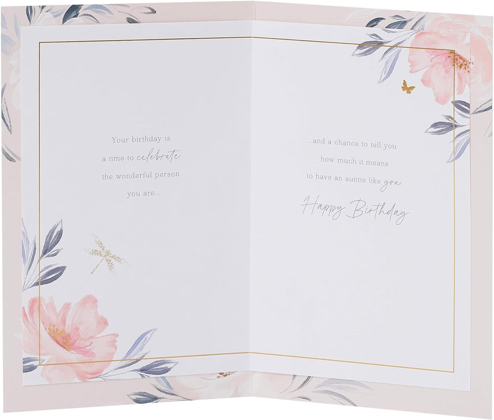 UK Greetings Auntie Birthday Card featuring colorful light balloon design, ideal for celebrating special occasions with loved ones.