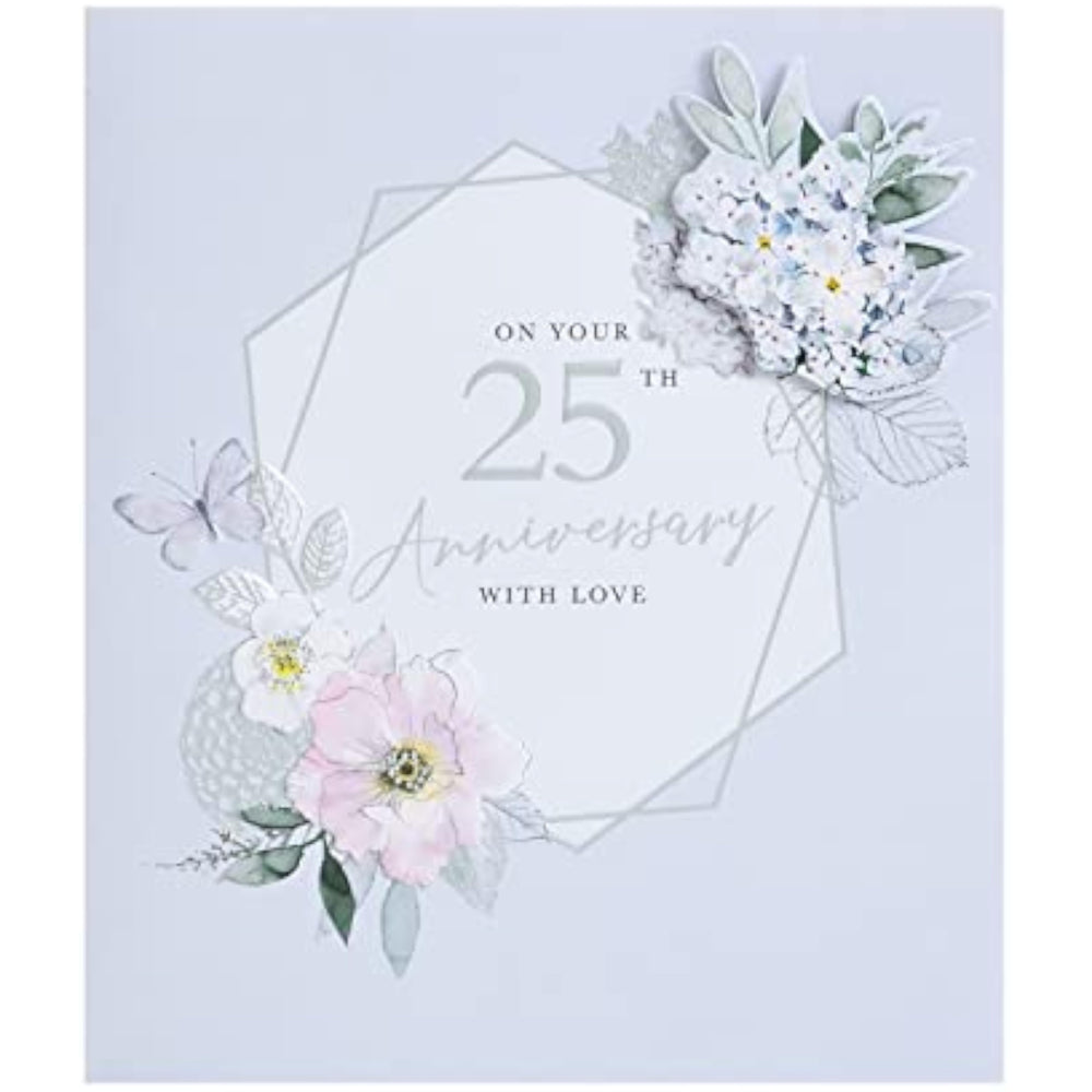 UK Greetings floral anniversary greeting card with light floral design for 25th celebration, featuring elegant floral artwork.