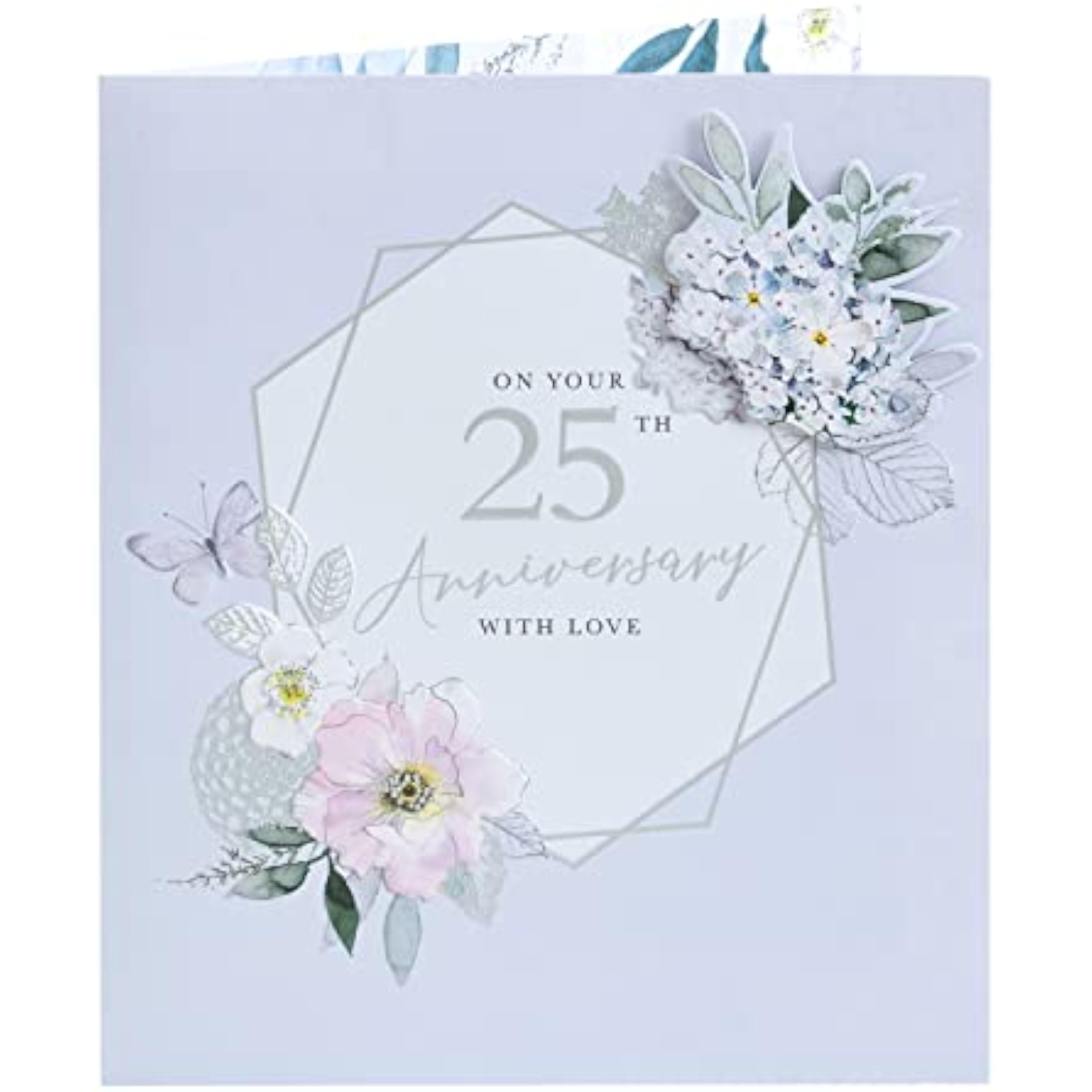 UK Greetings light floral 25th anniversary greeting card featuring elegant floral designs and heartfelt message.