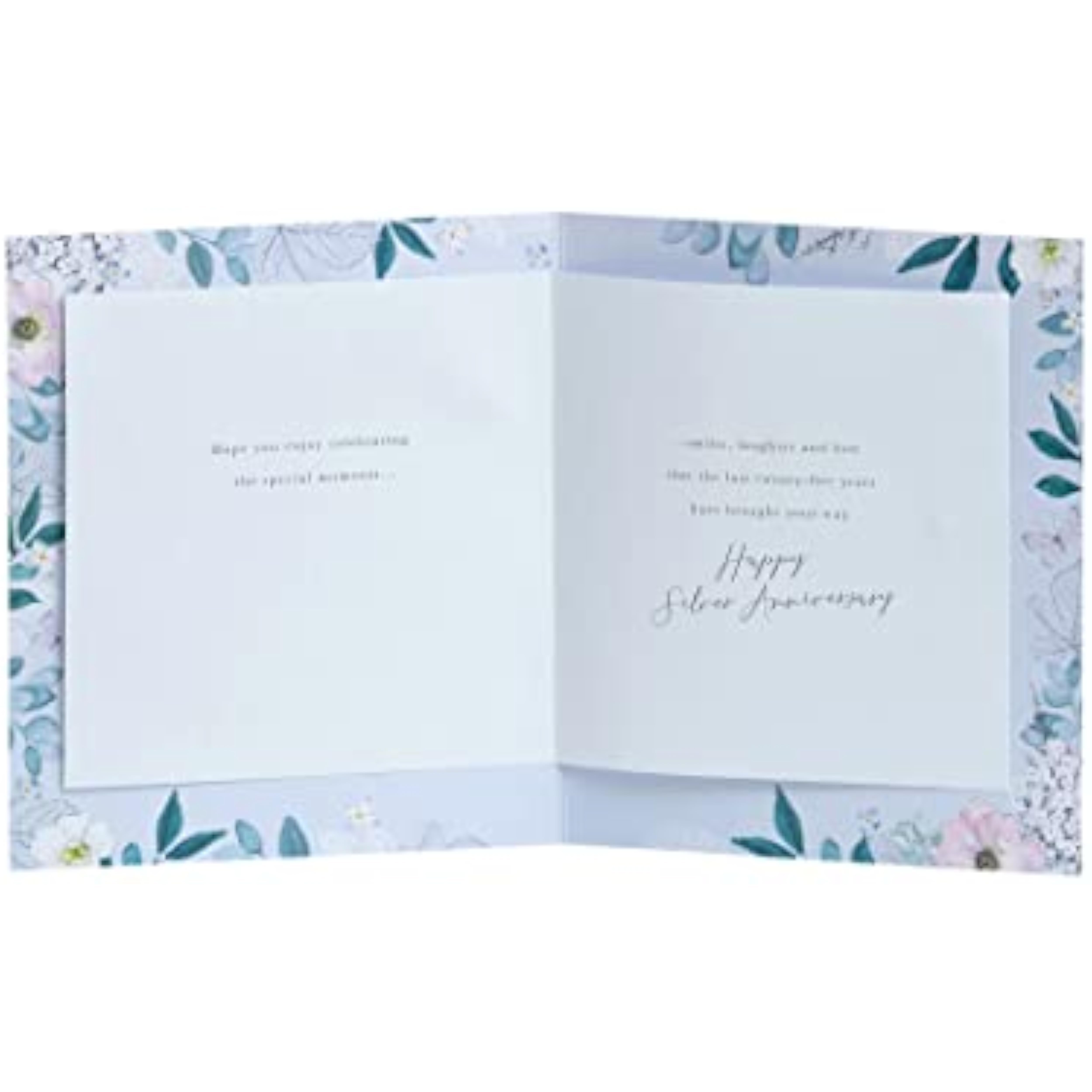 UK Greetings floral 25th anniversary greeting card with light floral design, perfect for celebrating special milestones.
