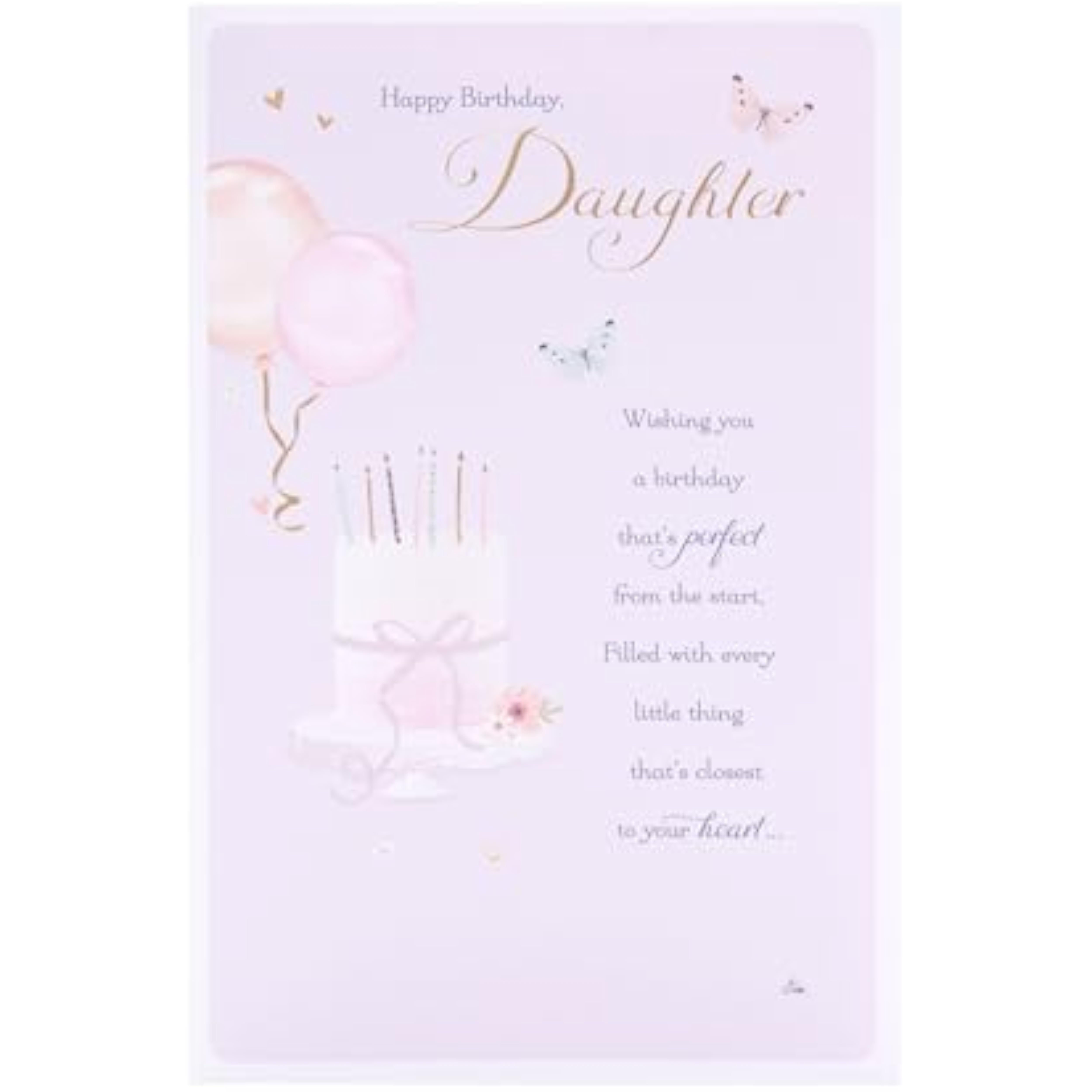 Light pink design daughter birthday greeting card by UK Greetings featuring cheerful illustrations for celebrating her special day.