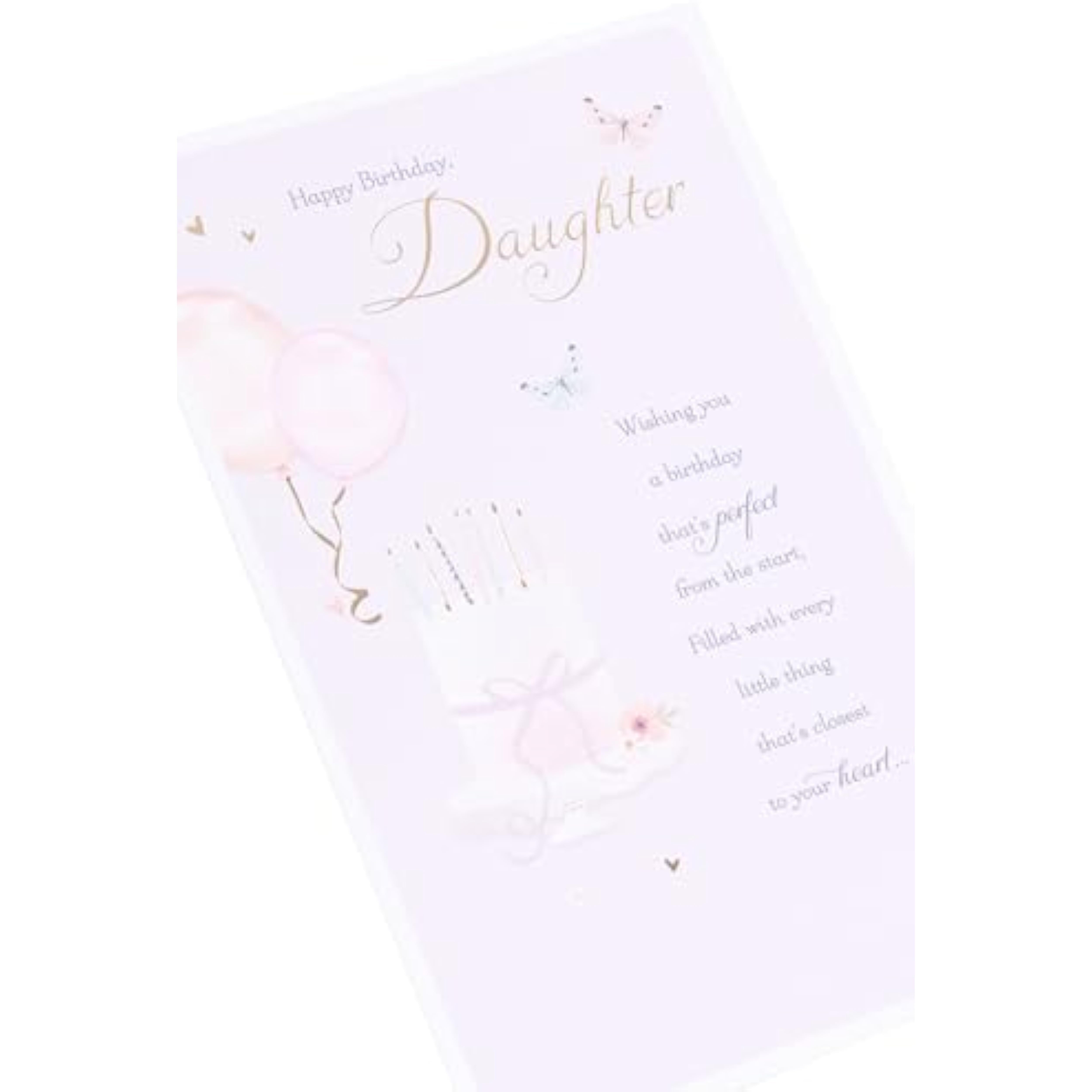 Light pink UK Greetings daughter birthday greeting card with floral design and heartfelt message, perfect for celebrating her special day.