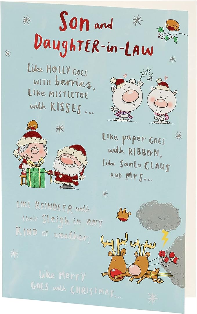 UK Greetings holiday Christmas card featuring holly and berries for son and daughter-in-law, perfect for festive greeting messages.