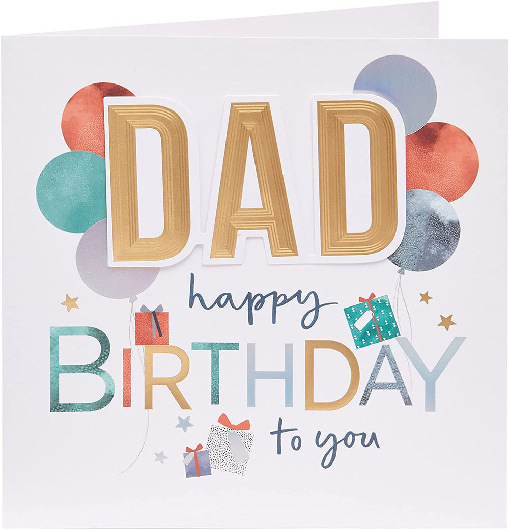 UK Greetings birthday greeting card with colorful balloon design for dad, featuring a cheerful and festive appearance.