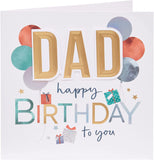 UK Greetings birthday greeting card with colorful balloon design for dad, featuring a cheerful and festive appearance.