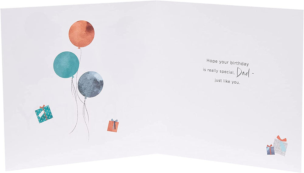 UK Greetings birthday greeting card with colorful balloon design for dads, featuring cheerful artwork and heartfelt message.