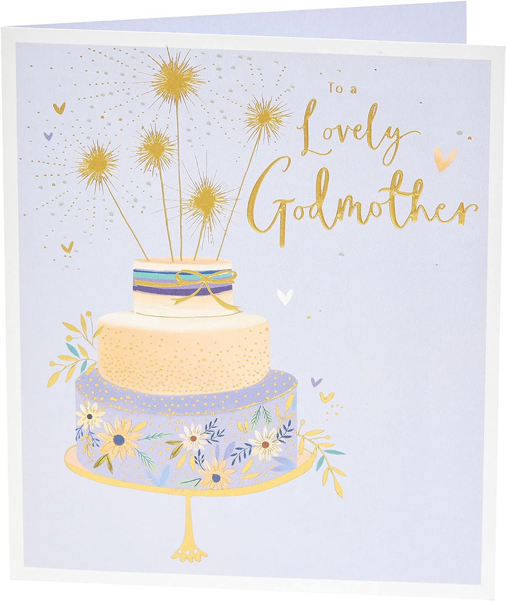 UK Greetings birthday greeting card featuring a lovely cake design with sparklers for a godmother's special day.