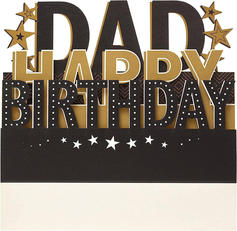 UK Greetings Dad birthday card with lovely design and 3D pop-up lettering, featuring a cheerful and festive greeting.