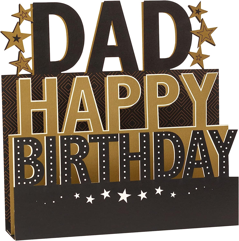 UK Greetings Dad birthday card featuring a lovely design with pop-up 3D lettering for a special celebration.