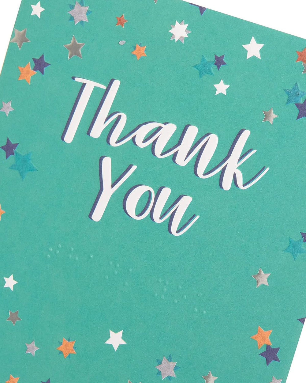 UK Greetings thank you card with stars and braille design, featuring a lovely, decorative greeting card for expressing gratitude.