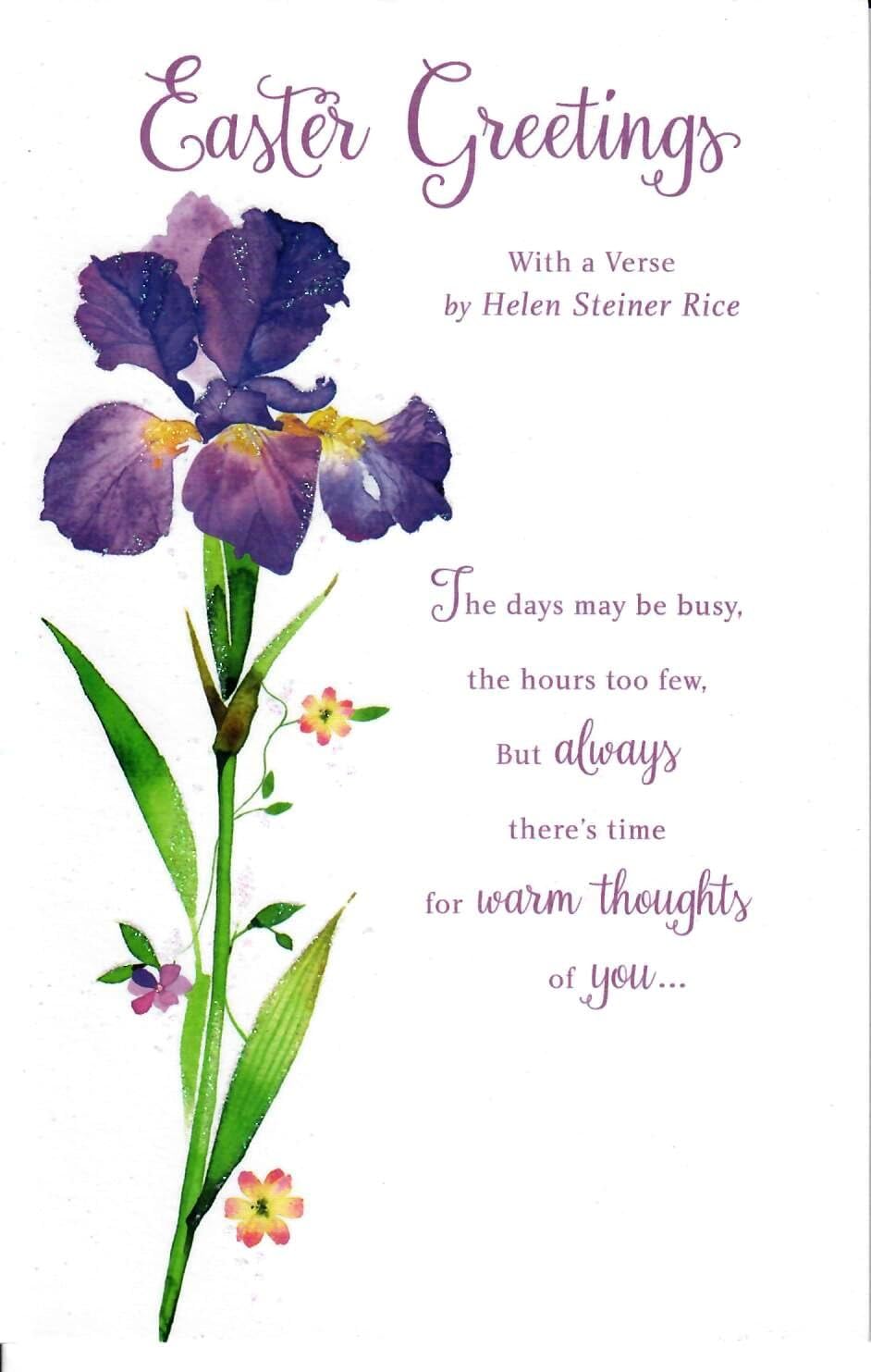 UK Greetings Easter card with glitter finish featuring a lovely verse design, perfect for celebrating the holiday.