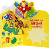 UK Greetings Marvel 5th birthday greeting card for boys with cartoon design and envelope, featuring Marvel characters.