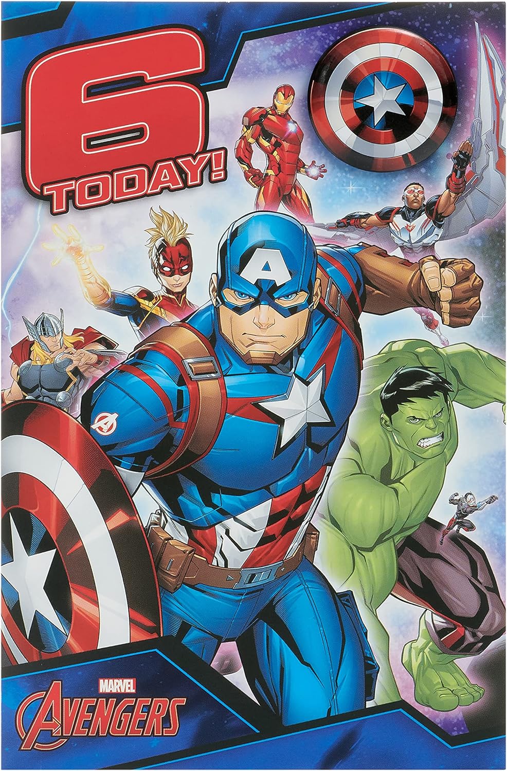 UK Greetings Marvel 6th birthday card for boys featuring Avengers design with envelope, perfect for celebrating his special day.