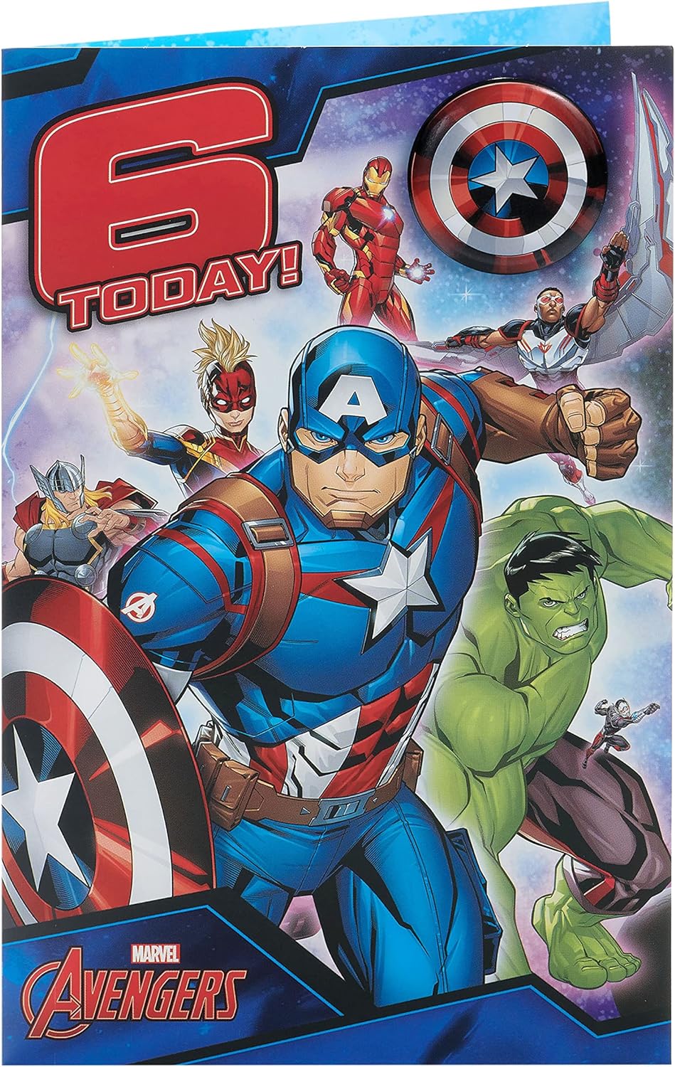 UK Greetings Marvel 6th birthday card for him featuring Avengers design with boy illustration and envelope.