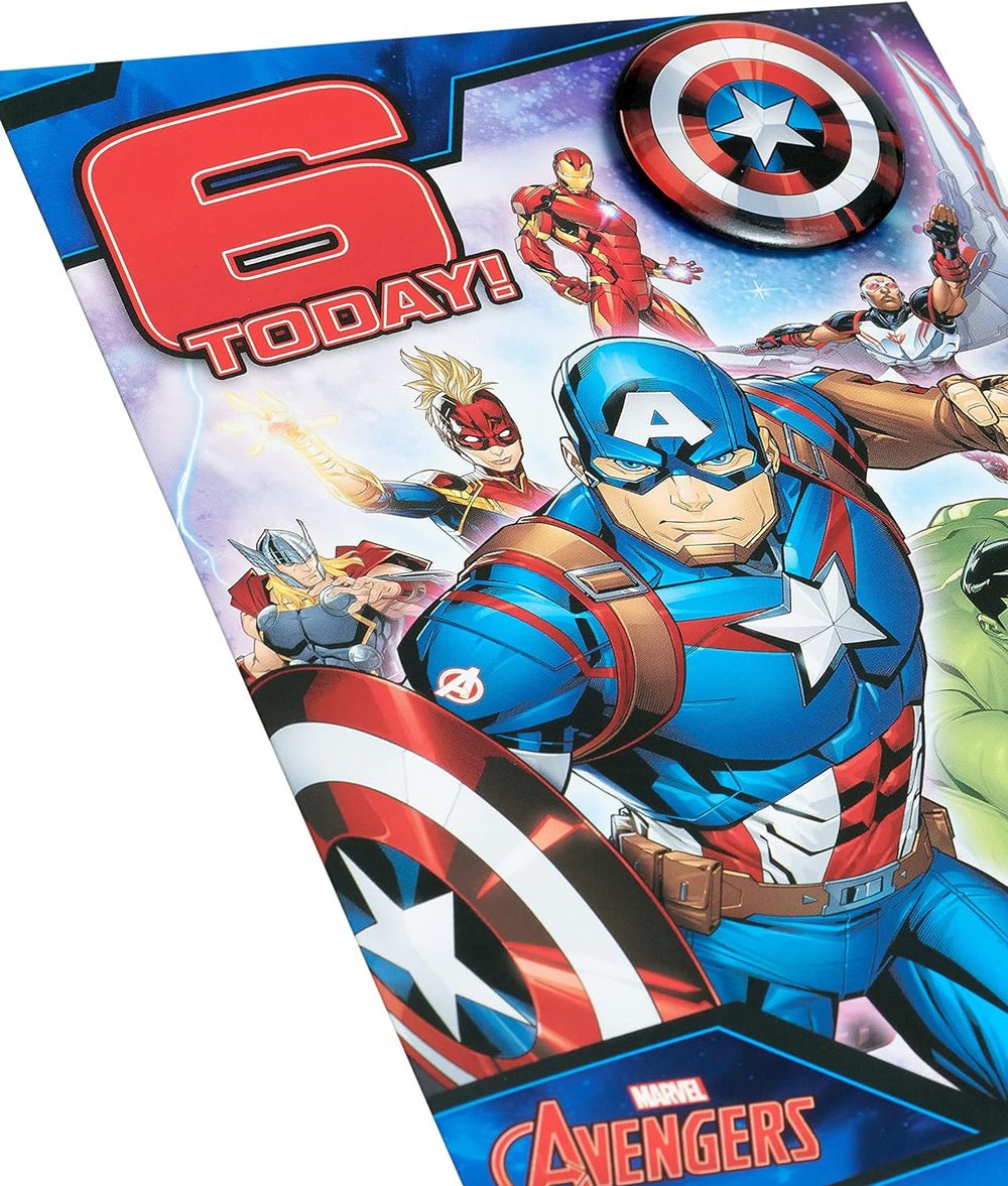 UK Greetings Marvel birthday card for boys featuring Avengers design and envelope, perfect for a 6th birthday celebration.