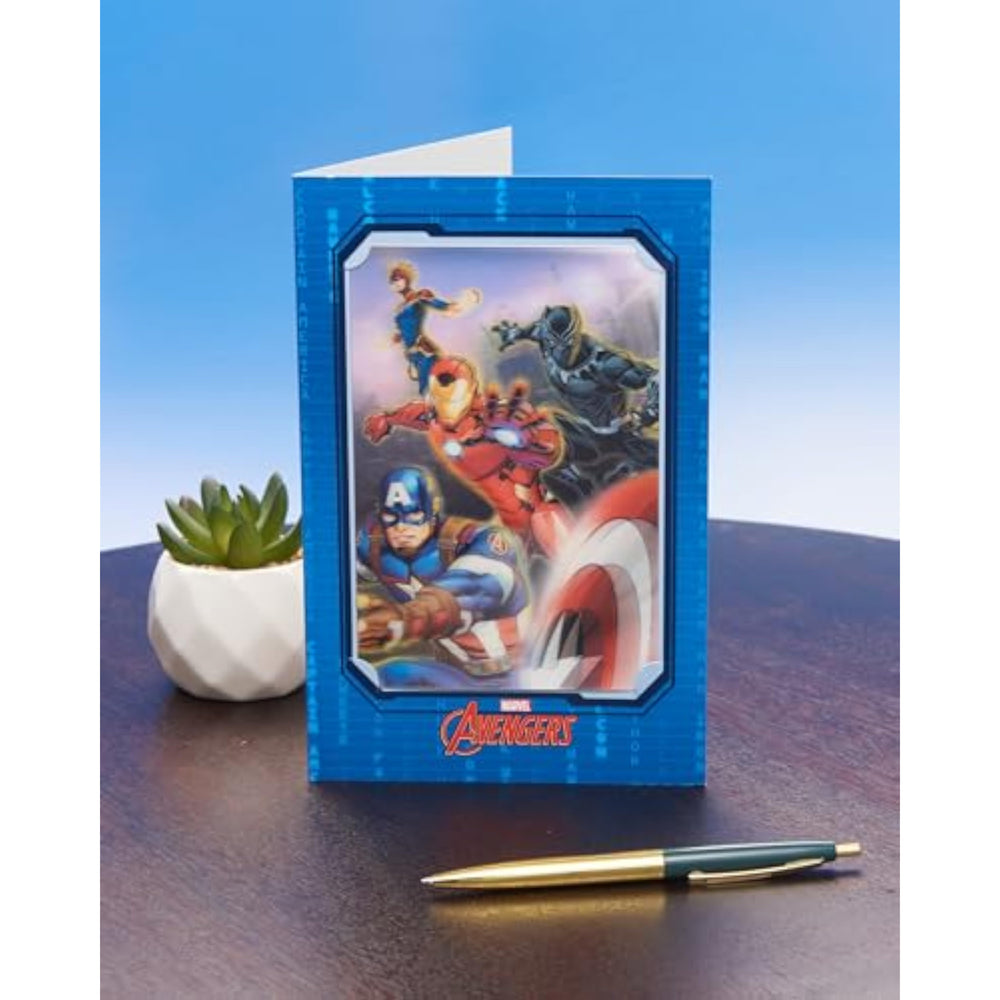 UK Greetings Marvel Avengers 3D keepsake boy birthday card featuring superhero characters and vibrant colorful design.