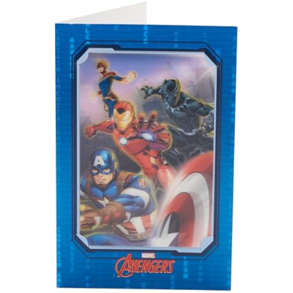 UK Greetings Marvel Avengers 3D keepsake birthday card featuring superhero images and vibrant colors for boys' special occasions.