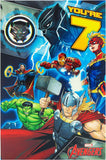 UK Greetings Marvel Avengers 7th birthday greeting card with badge featuring superhero characters and colorful design.