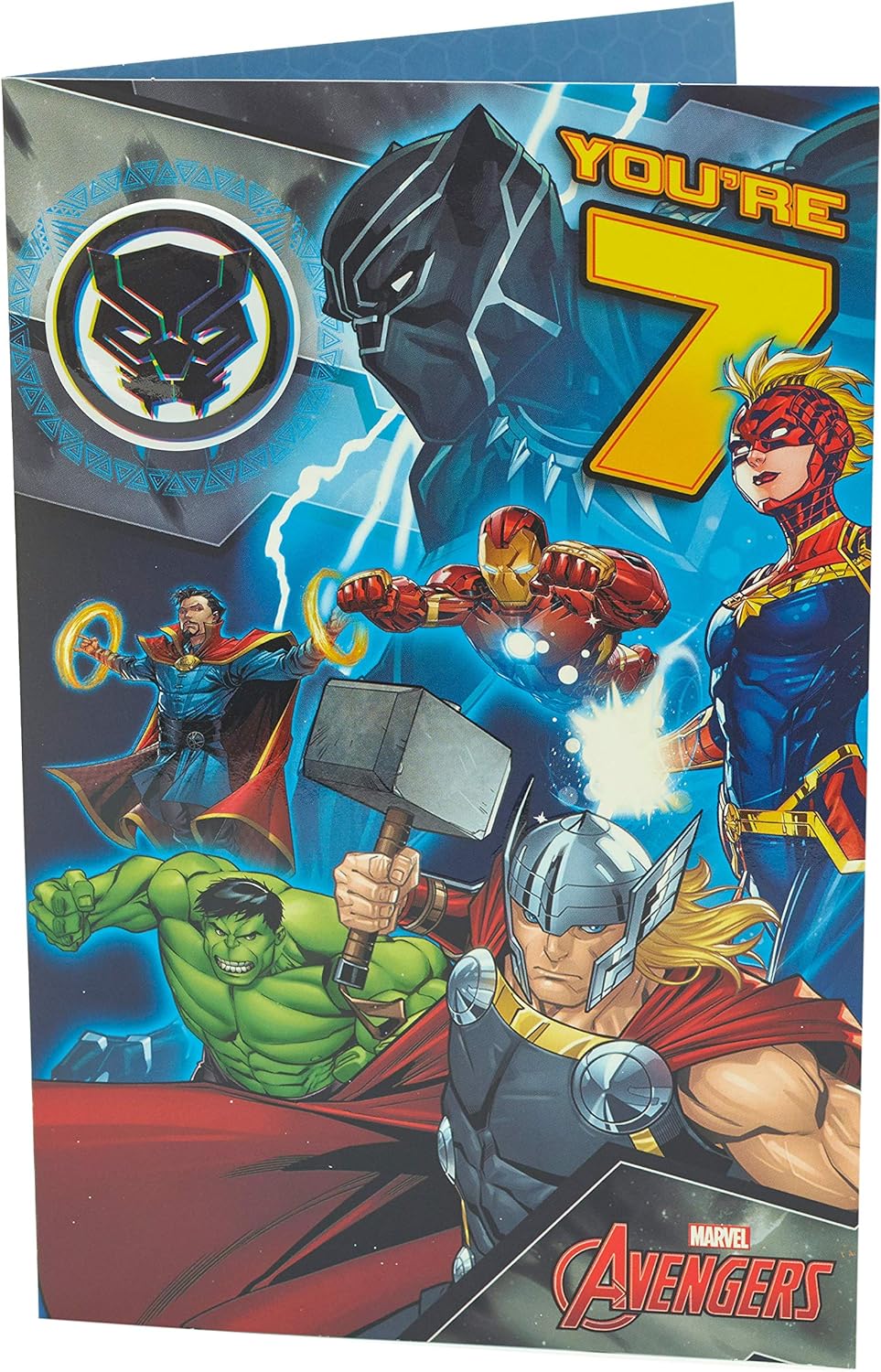 UK Greetings Marvel Avengers 7th birthday card with badge featuring popular superhero characters and colorful design.