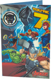 UK Greetings Marvel Avengers 7th birthday card with badge featuring popular superhero characters and colorful design.