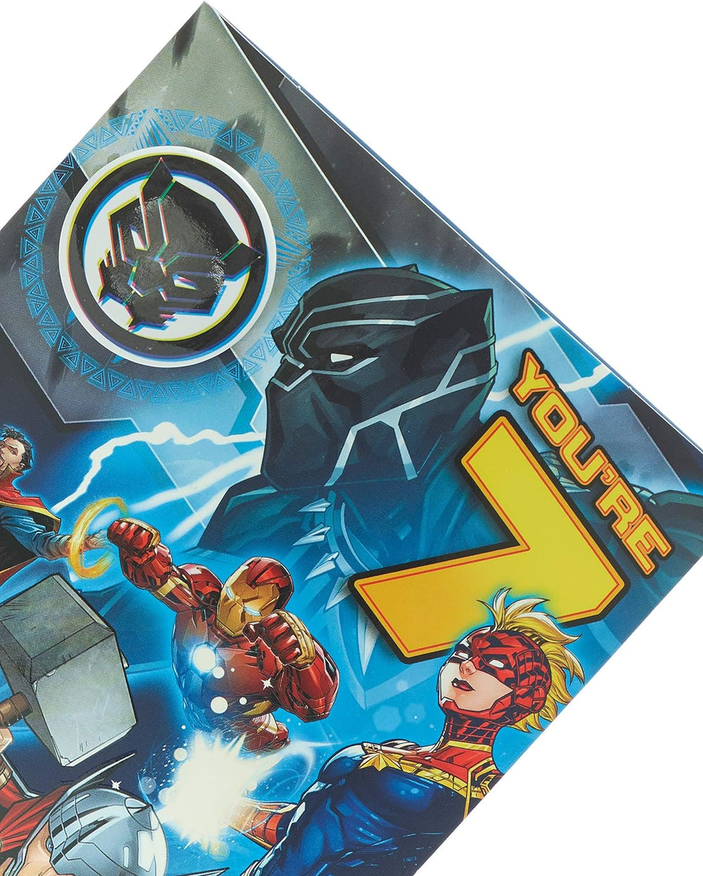 Marvel Avengers 7th birthday greeting card with badge by UK Greetings featuring superhero characters on the front.